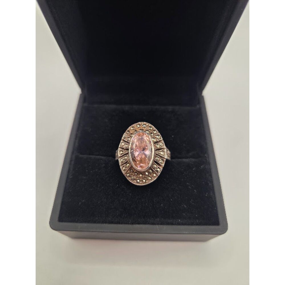 1839.  Vintage 925 Sterling Silver Pink Cubic Zirconia Marcasite Cocktail Ring